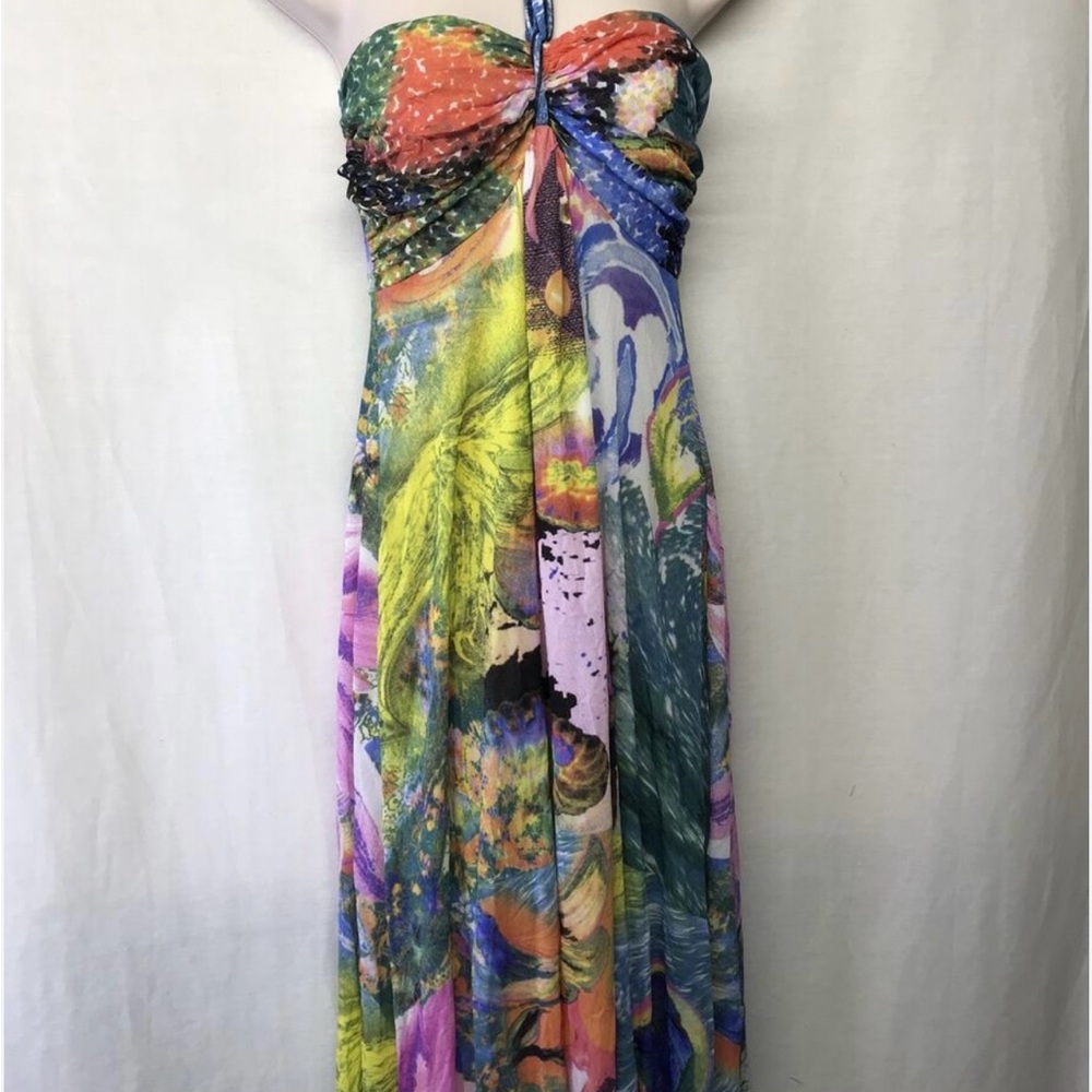 Elena Kattan Long Flared Empire Mesh Print Dress Made in USA Size S Tropical